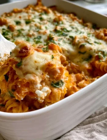 Delicious pumpkin ricotta pasta bake topped with cheese and herbs