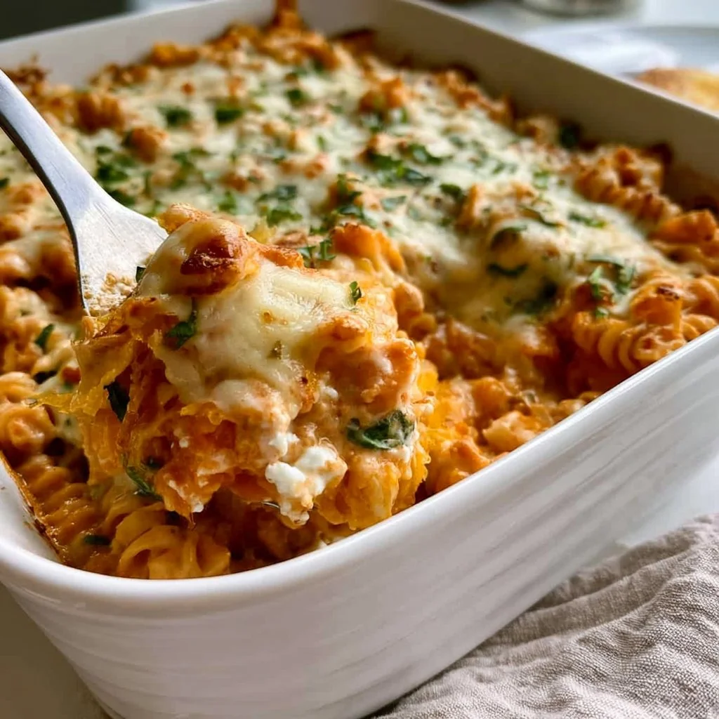 Delicious pumpkin ricotta pasta bake topped with cheese and herbs