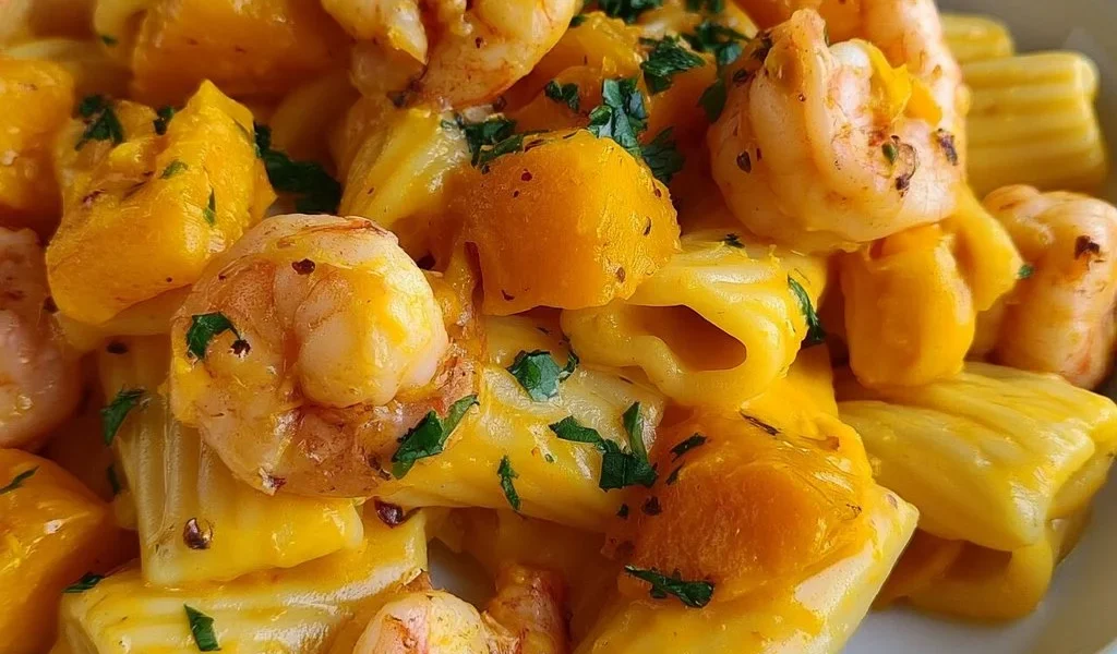 Delicious bowl of creamy Pumpkin Shrimp Pasta garnished with herbs