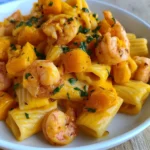 Delicious bowl of creamy Pumpkin Shrimp Pasta garnished with herbs