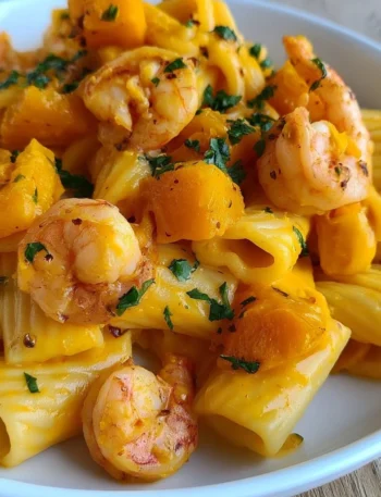 Delicious bowl of creamy Pumpkin Shrimp Pasta garnished with herbs