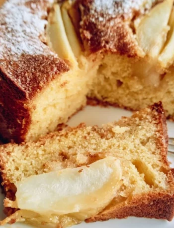 Delicious slice of Quick Pear Cake with fresh pears and spices