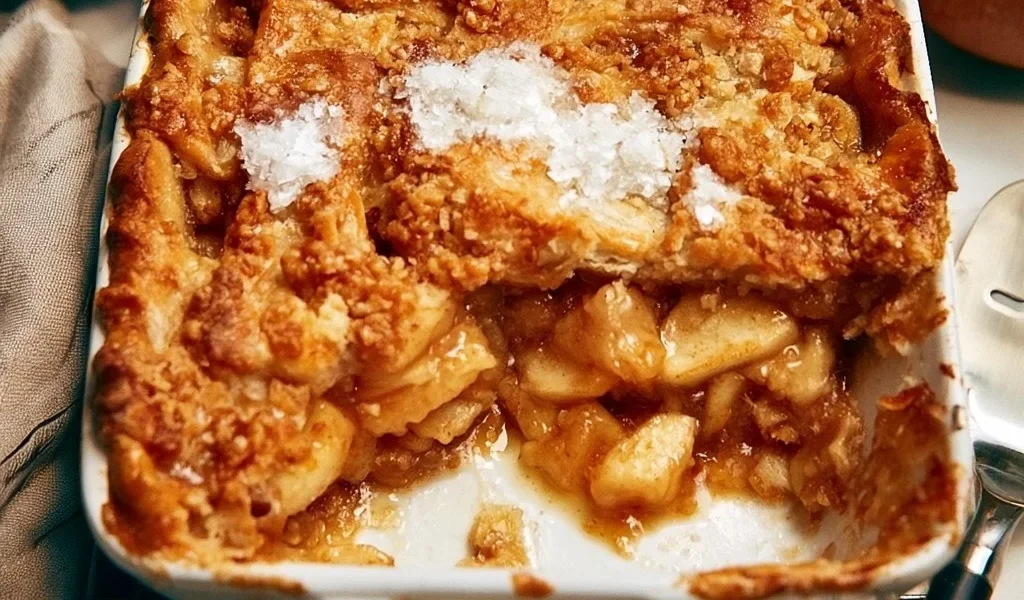 Crostata di mele appena sfornata su un piatto bianco