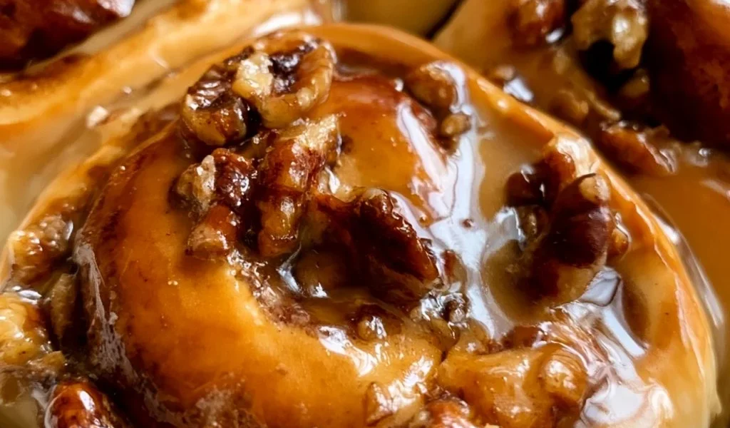 Bun di cannella decorati con noci pecan e glassa dolce.