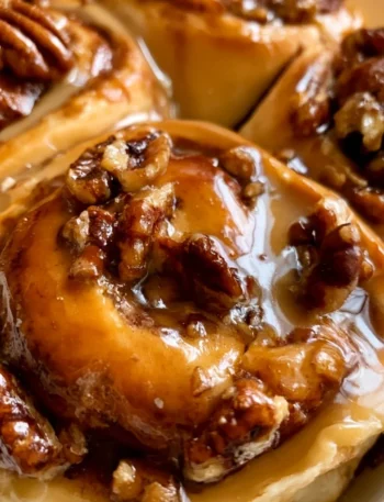 Bun di cannella decorati con noci pecan e glassa dolce.
