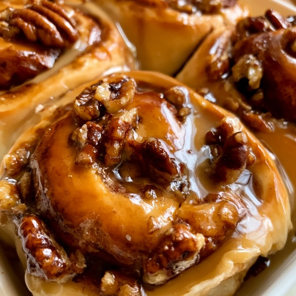 Bun di cannella decorati con noci pecan e glassa dolce.