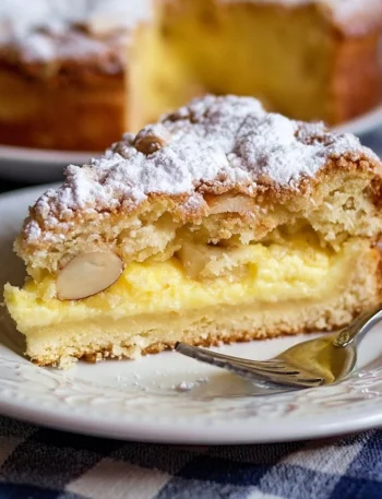 Torta della Nonna con crema pasticcera e pinoli, dolce italiano tradizionale