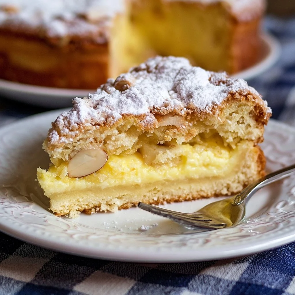 Torta della Nonna con crema pasticcera e pinoli, dolce italiano tradizionale