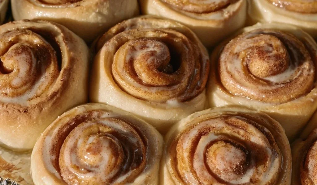 Pane e rotoli alla cannella appena sfornati in una teglia dorata
