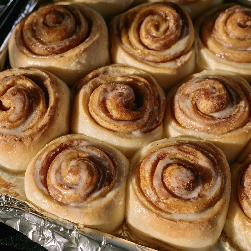 Pane e rotoli alla cannella appena sfornati in una teglia dorata