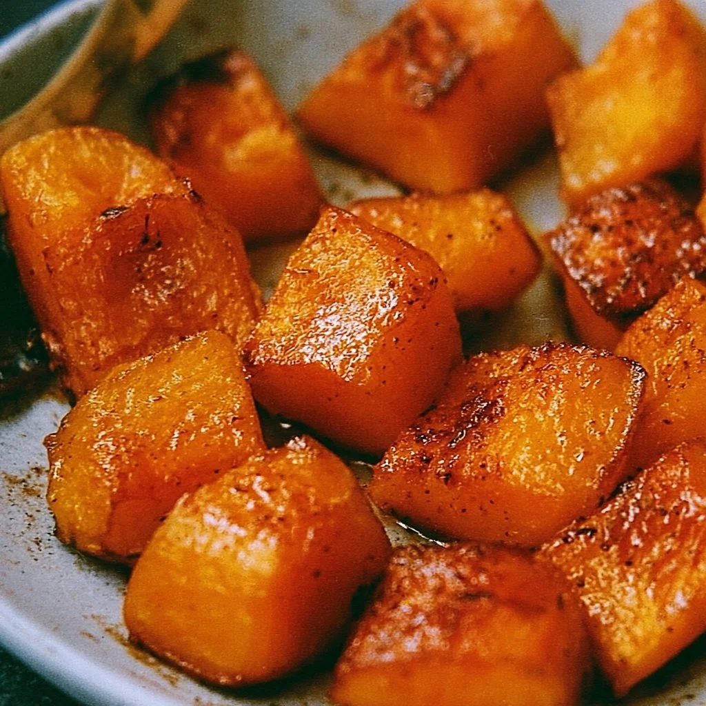 Bowl of roasted pumpkin garnished with herbs and spices