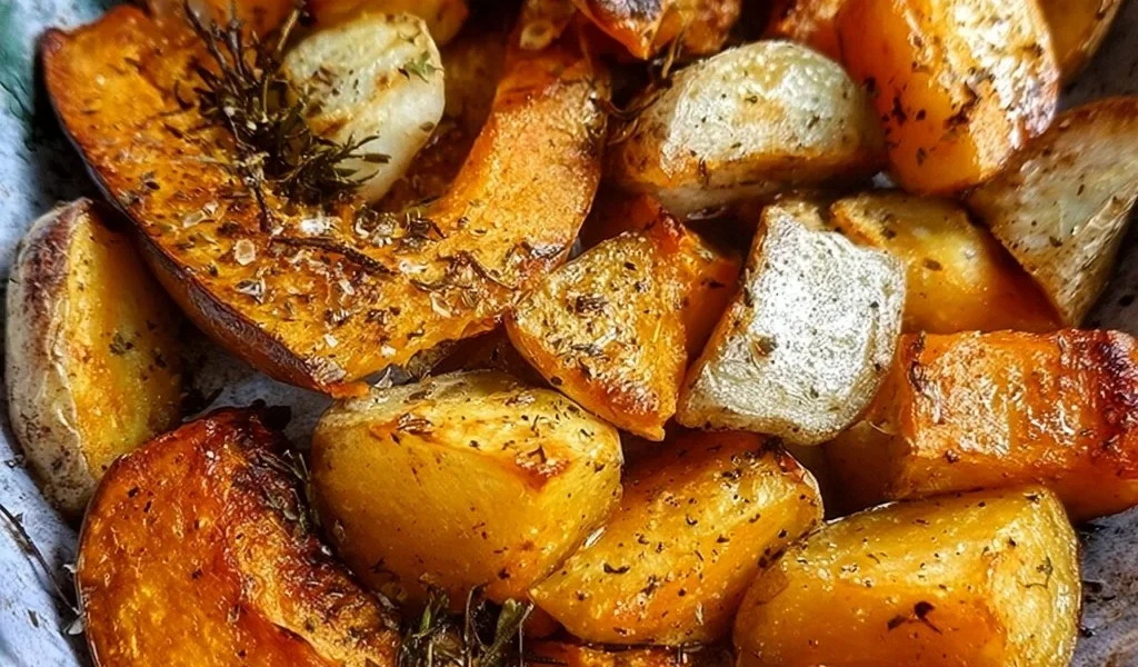 A flavorful dish of roasted pumpkin and potatoes, garnished and ready to serve.