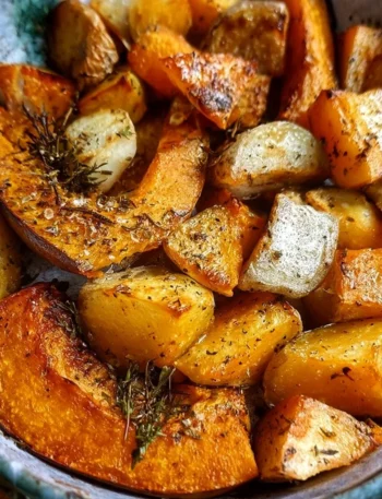 A flavorful dish of roasted pumpkin and potatoes, garnished and ready to serve.