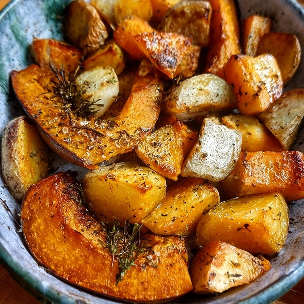 A flavorful dish of roasted pumpkin and potatoes, garnished and ready to serve.