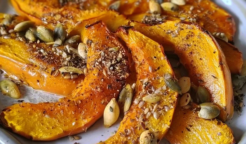 Plate of roasted pumpkin with a sprinkle of mixed seeds for a healthy dish