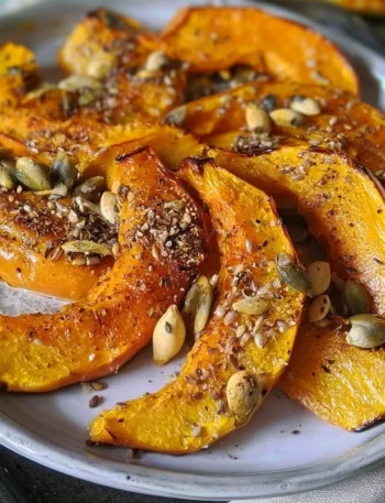 Plate of roasted pumpkin with a sprinkle of mixed seeds for a healthy dish