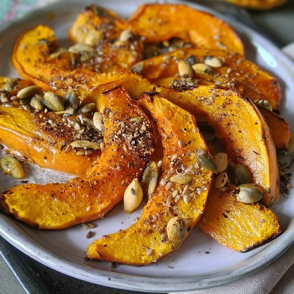 Plate of roasted pumpkin with a sprinkle of mixed seeds for a healthy dish