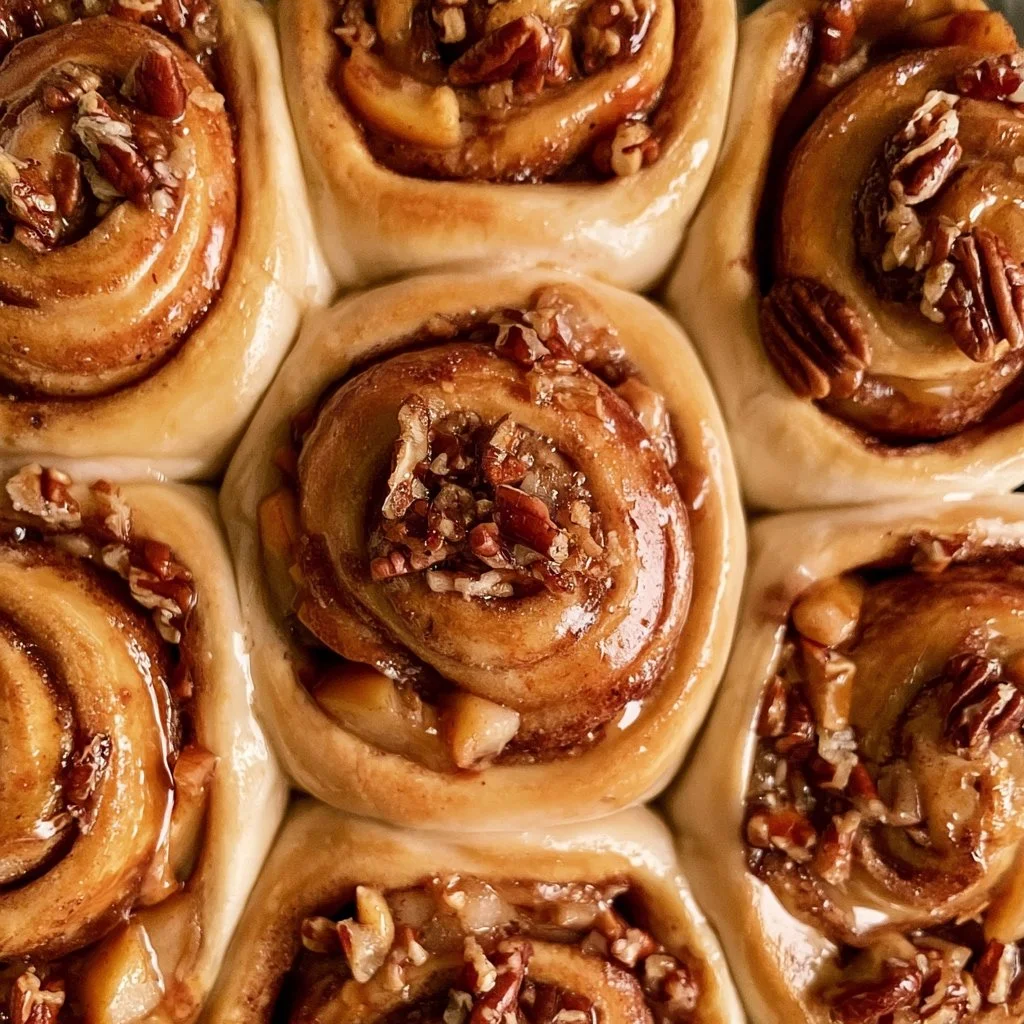 Rolli alla Cannella con Mele e Noci Pecan appena sfornati e decorati.