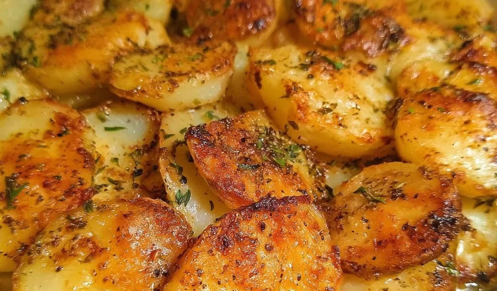 Delicious Roman-style potatoes served on a plate with herbs and spices.