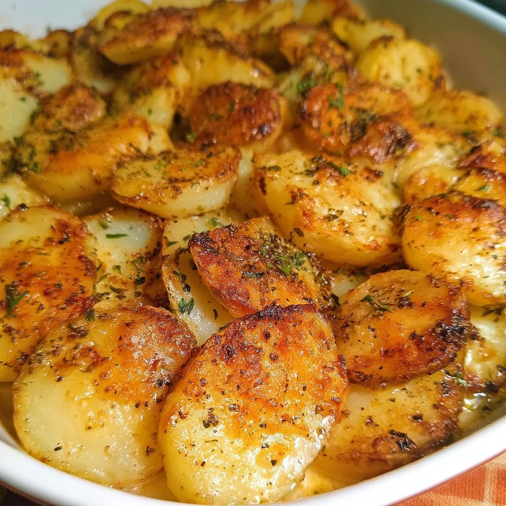 Delicious Roman-style potatoes served on a plate with herbs and spices.