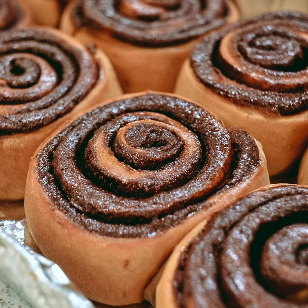 Deliziosi rotolini di cioccolato e cannella, pronti da gustare.