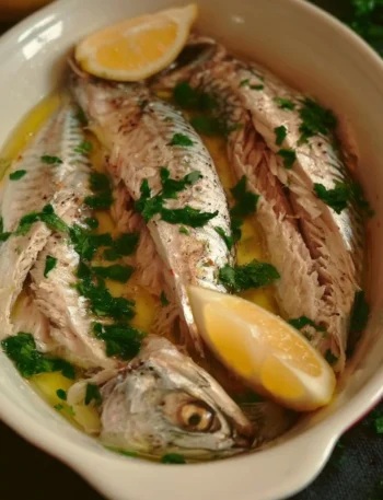 Sgombro lesso con olio e limone servito in un piatto elegante.