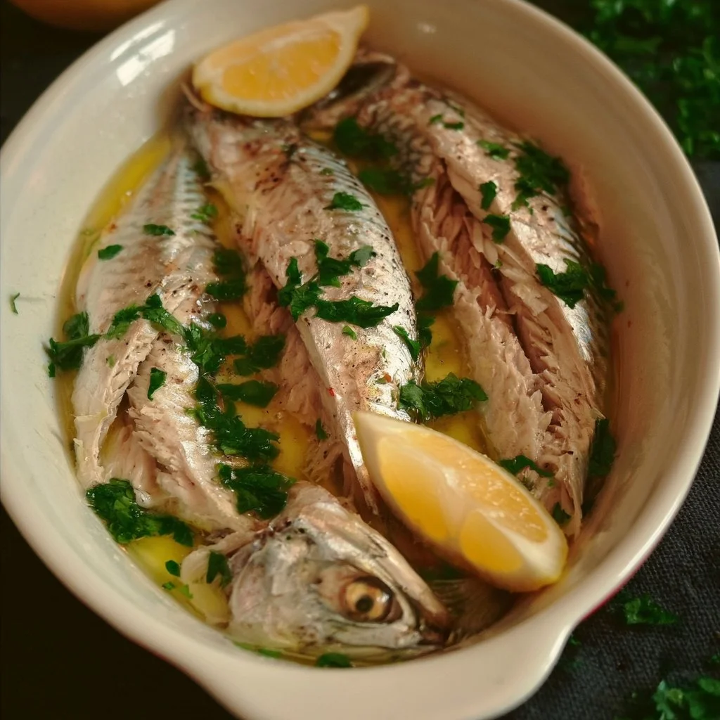 Sgombro lesso con olio e limone servito in un piatto elegante.