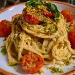 Spaghetti crema di ricotta con pistacchi e pomodorini in un piatto gustoso