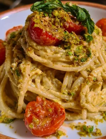 Spaghetti crema di ricotta con pistacchi e pomodorini in un piatto gustoso