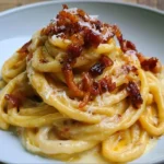 Spaghettoni con crema di patate, pecorino e guanciale serviti in un piatto elegante.