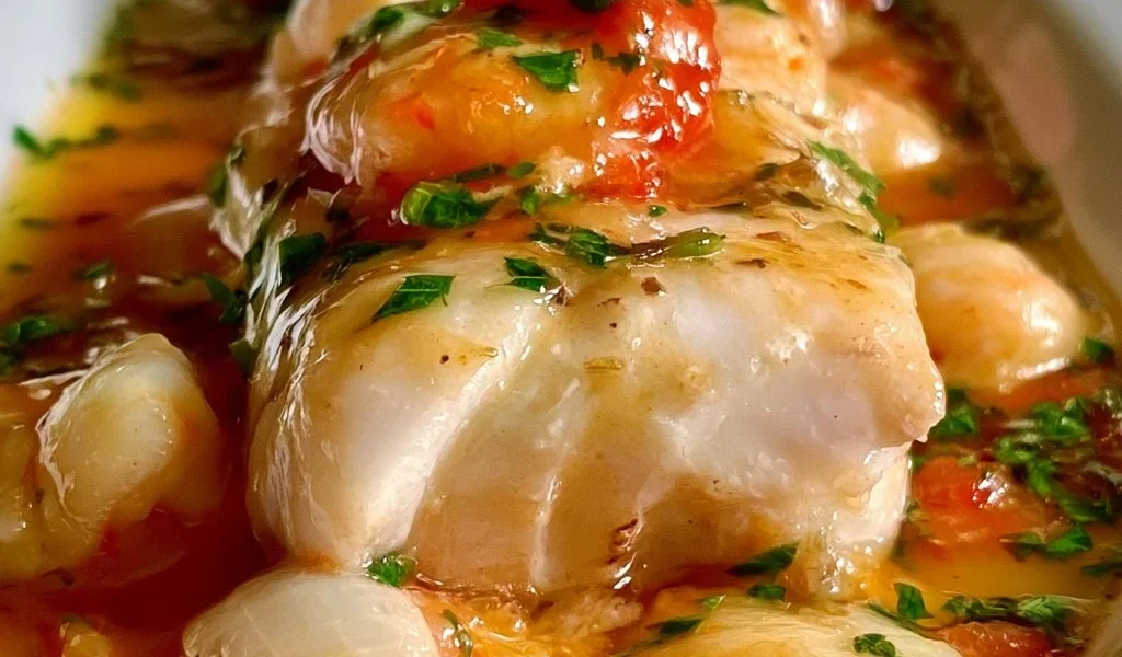 Filetti di merluzzo in salsa marinata serviti in un piatto elegante