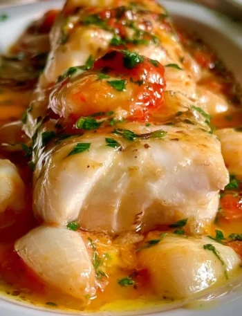 Filetti di merluzzo in salsa marinata serviti in un piatto elegante