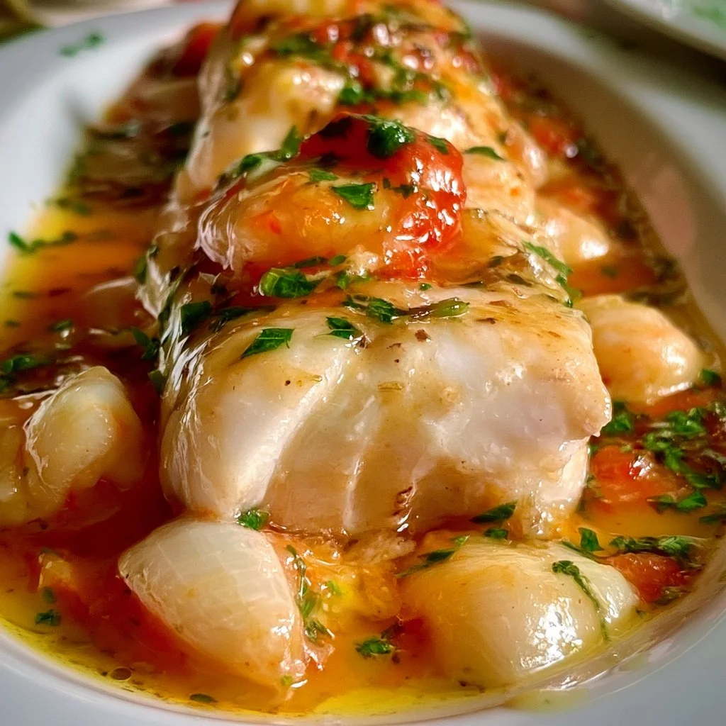 Filetti di merluzzo in salsa marinata serviti in un piatto elegante