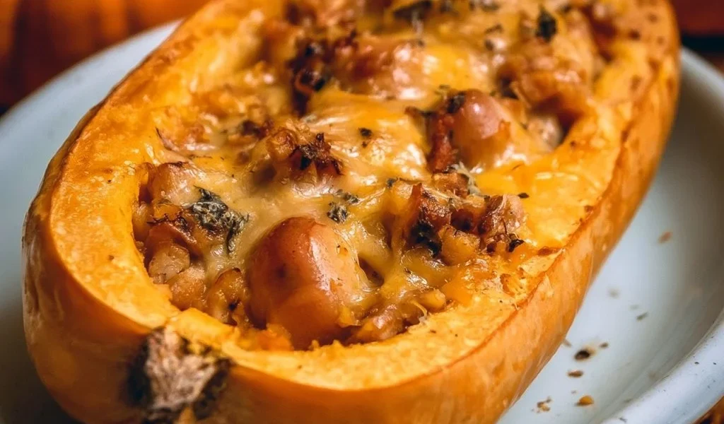 Stuffed pumpkin with sausage and cheese, beautifully baked and garnished.