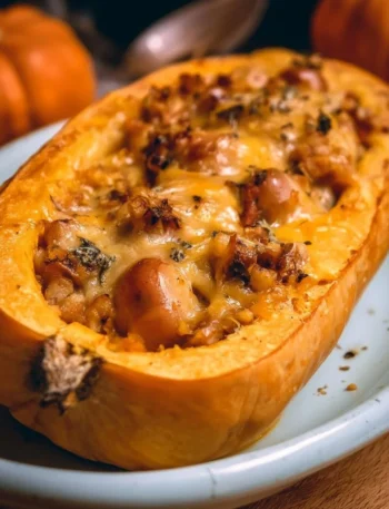 Stuffed pumpkin with sausage and cheese, beautifully baked and garnished.