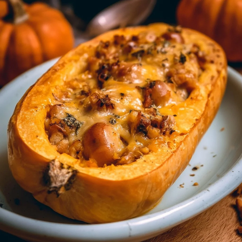 Stuffed pumpkin with sausage and cheese, beautifully baked and garnished.