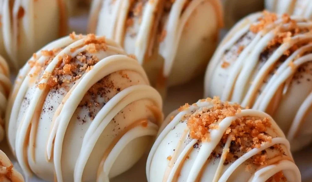 Tartufi di torta di zucca ricoperti di cioccolato bianco per l'autunno