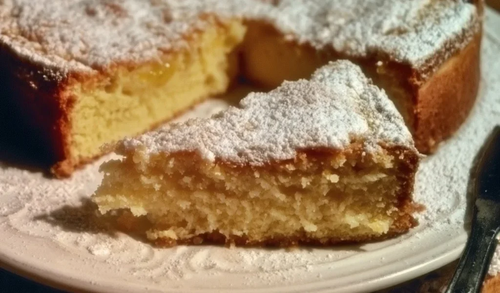 A beautifully sliced piece of Grandmother's Cake with fresh icing and berries.
