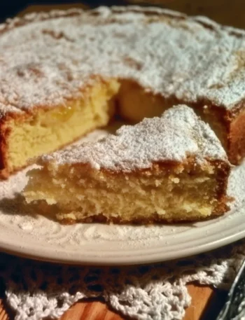 A beautifully sliced piece of Grandmother's Cake with fresh icing and berries.
