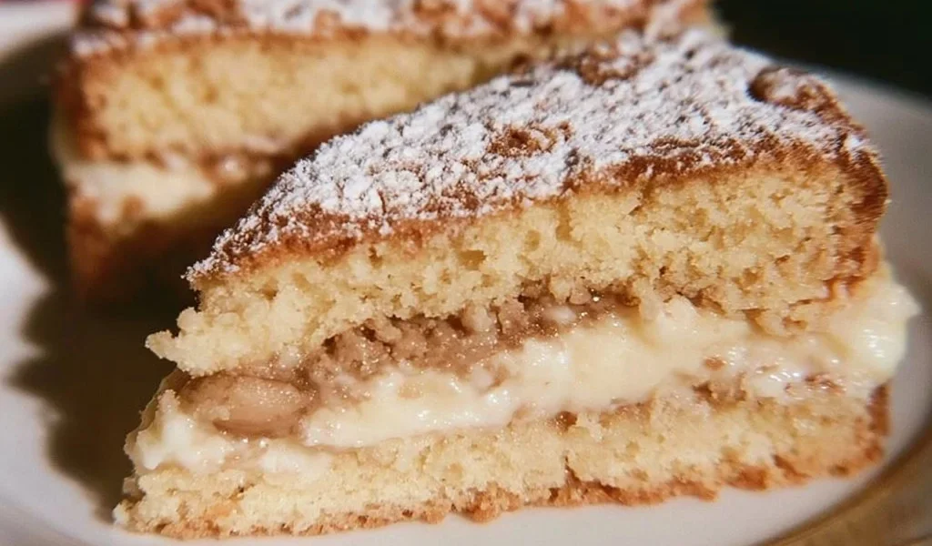 Fetta di torta della nonna con crema e pinoli su piatto decorativo.