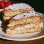 Fetta di torta della nonna con crema e pinoli su piatto decorativo.