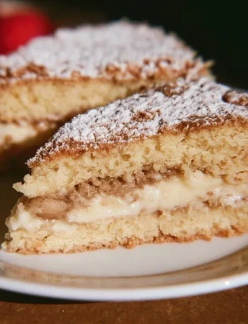 Fetta di torta della nonna con crema e pinoli su piatto decorativo.