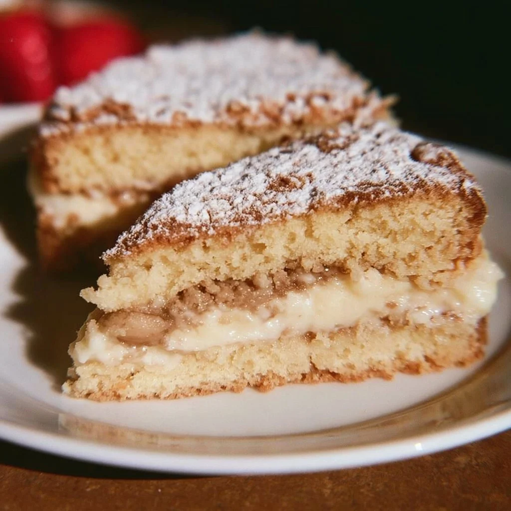 Fetta di torta della nonna con crema e pinoli su piatto decorativo.