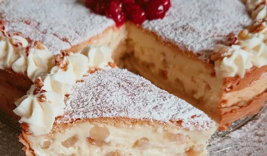 Fetta di Torta della Nonna con crema e pinoli