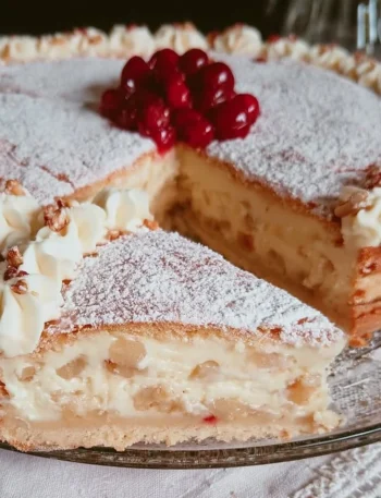 Fetta di Torta della Nonna con crema e pinoli