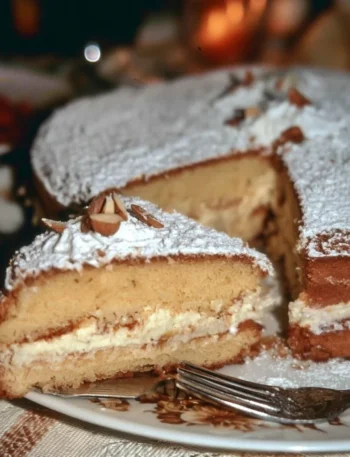 Torta della Nonna con crema e pinoli.
