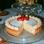 Torta della nonna con crema pasticcera e pinoli su un piatto