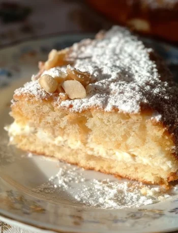 Fetta di Torta Della Nonna con crema e pinoli, dessert tradizionale italiano.