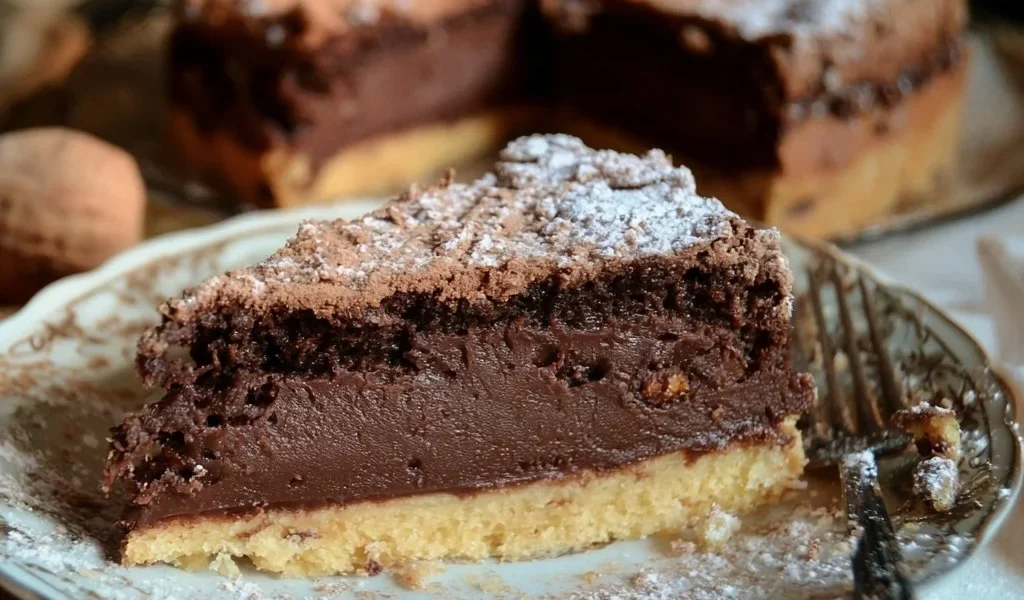 Torta della nonna al cioccolato con crema e pinoli
