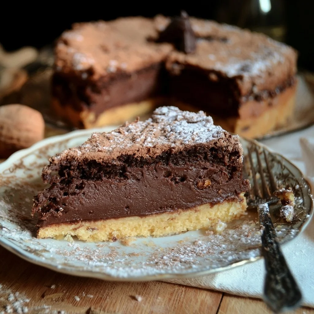 Torta della nonna al cioccolato con crema e pinoli